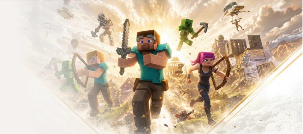 Minecraft key art with Steve, Alex and mobs charging into battle